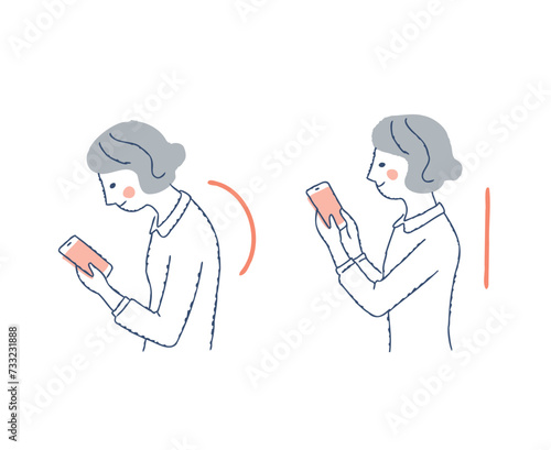 スマホを操作する女性　悪い姿勢と良い姿勢の比較　