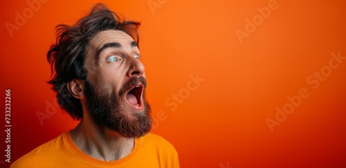 man with a beard being shocked against orange background, in the style of photorealistic fantasies