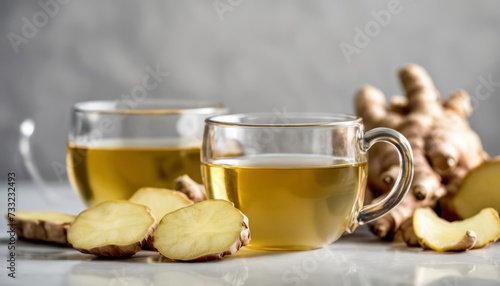 Two cups of tea with ginger slices on a table