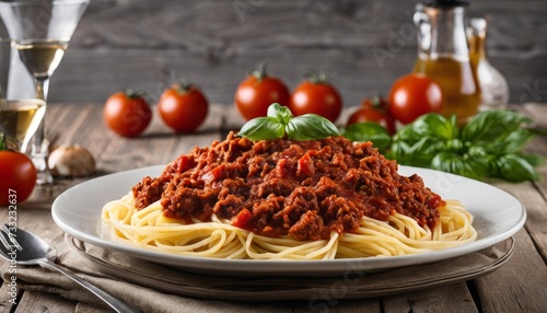 A plate of spaghetti with meat sauce and tomatoes