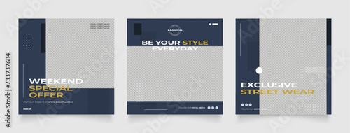 Social media template banner blog street wear fashion sale promotion. fully editable instagram and facebook square post frame puzzle organic sale poster. blue black vector background