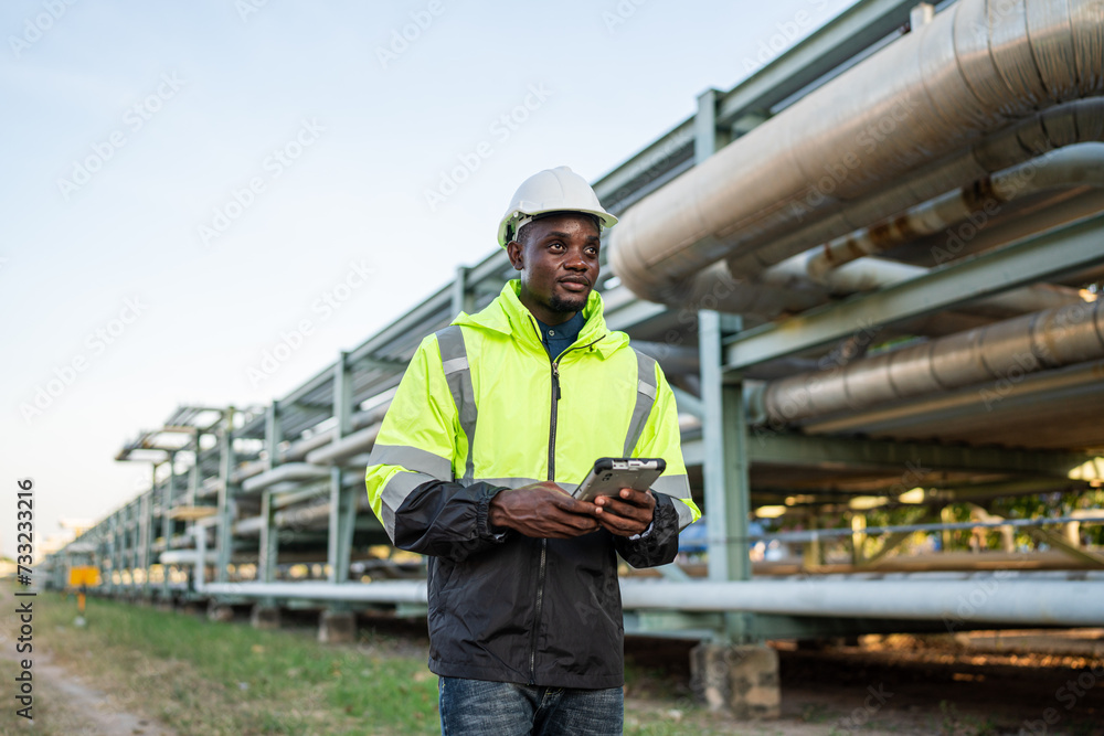 Young mechanical engineer working and holding tablet to checking and inspection gas pipeline system new construction project of industrial.