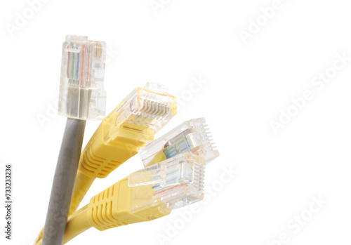 Group of multi-colored network cables with molded RJ45 plug on transparent background (PNG File)	 photo