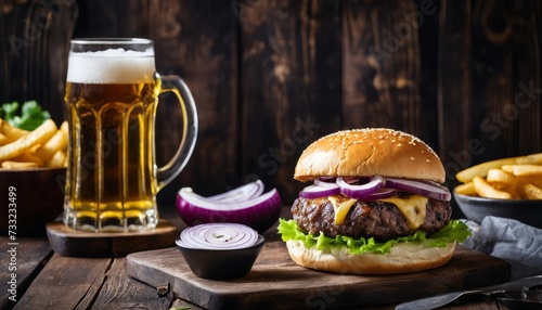 A burger and fries with a glass of beer