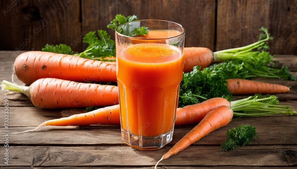 A glass of orange juice with carrots and green vegetables on the table A glass of orange juice with carrots and green vegetables on the table