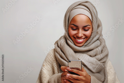 Smiling portrait of a businesswoman of arab descent wearing a hijab while using mobile phone.