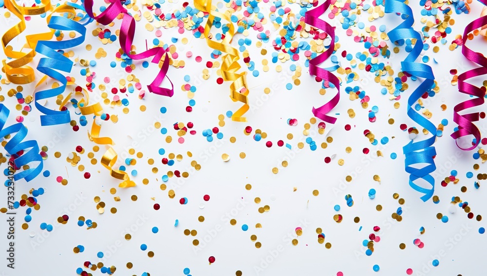 Confetti and streamers on a white background. Celebration and fun concept.