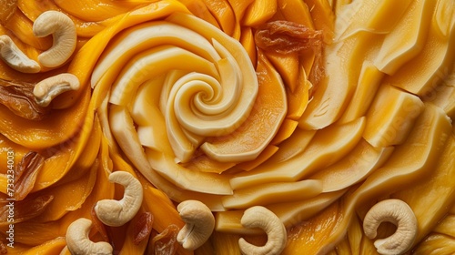 An artistic composition of dried mango slices and cashews arranged in a swirling pattern, reminiscent of a colorful abstract painting.