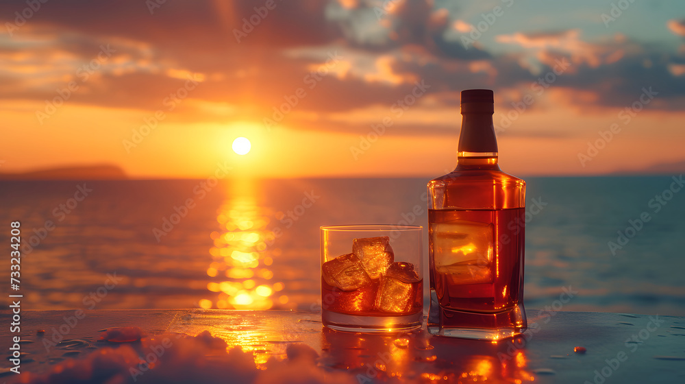 A glass and a bottle of whiskey are placed on a wooden table near the sea. The sun is setting in the background. A glass and a bottle of whiskey are placed on a wooden table near the sea. The sun is setting in the background.