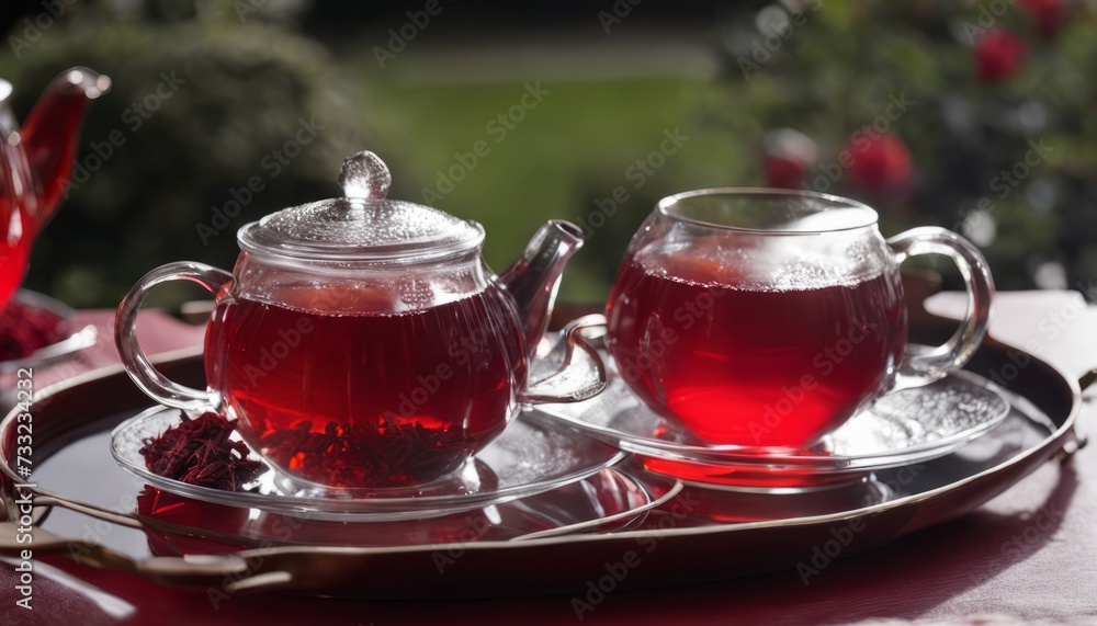 A tray with two cups of tea and a teapot A tray with two cups of tea and a teapot