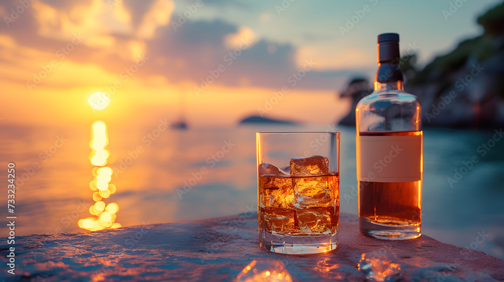 A glass and a bottle of whiskey are placed on a wooden table near the sea. The sun is setting in the background. A glass and a bottle of whiskey are placed on a wooden table near the sea. The sun is setting in the background.