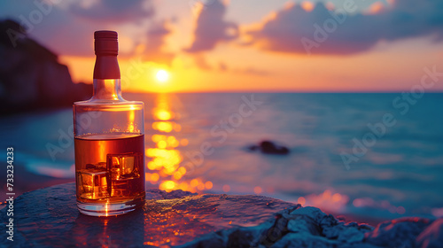 A glass and a bottle of whiskey are placed on a wooden table near the sea. The sun is setting in the background.
