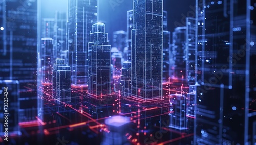 Graphic depiction of a digital city with red and blue light accents. The concept of virtual reality and digitalization.
