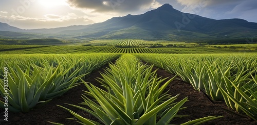 Aloe vera fields with mountains in the background. The concept of agriculture and natural cosmetics. © volga