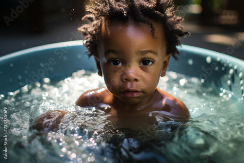 Happy little black baby playing with water.