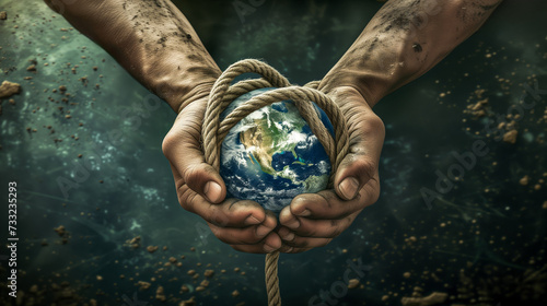 Hands of a man holding the planet Earth wrapped in a rope symbol of humanitys suffocation Generative AI Illustration