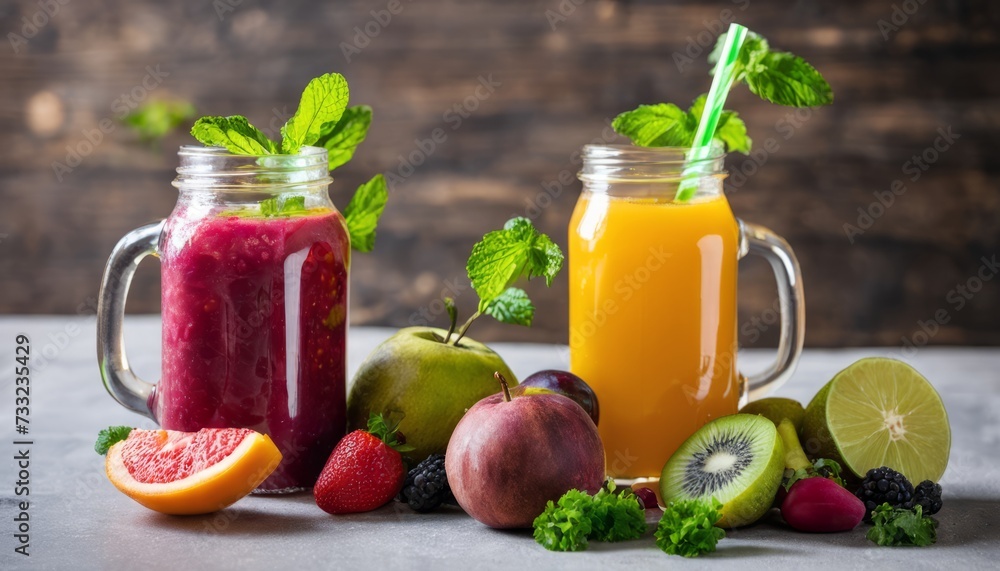 Two glass jars of juice with fresh fruit Two glass jars of juice with fresh fruit