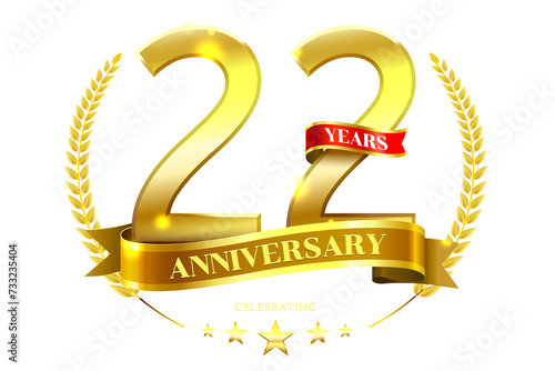 22 Years Anniversary in laurel wreath Gold Ribbon