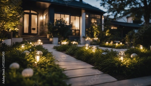 Modern gardening landscaping design details. Illuminated pathway in front of residential house photo