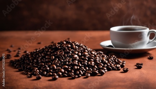 A cup of coffee next to a pile of coffee beans