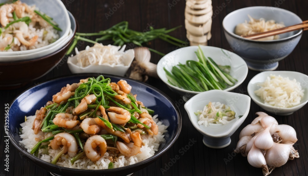 A table full of food including rice, shrimp, and vegetables A table full of food including rice, shrimp, and vegetables