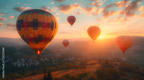 Hot air balloons flying in the sky during sunrise over beautiful landscape with hills and valleys.