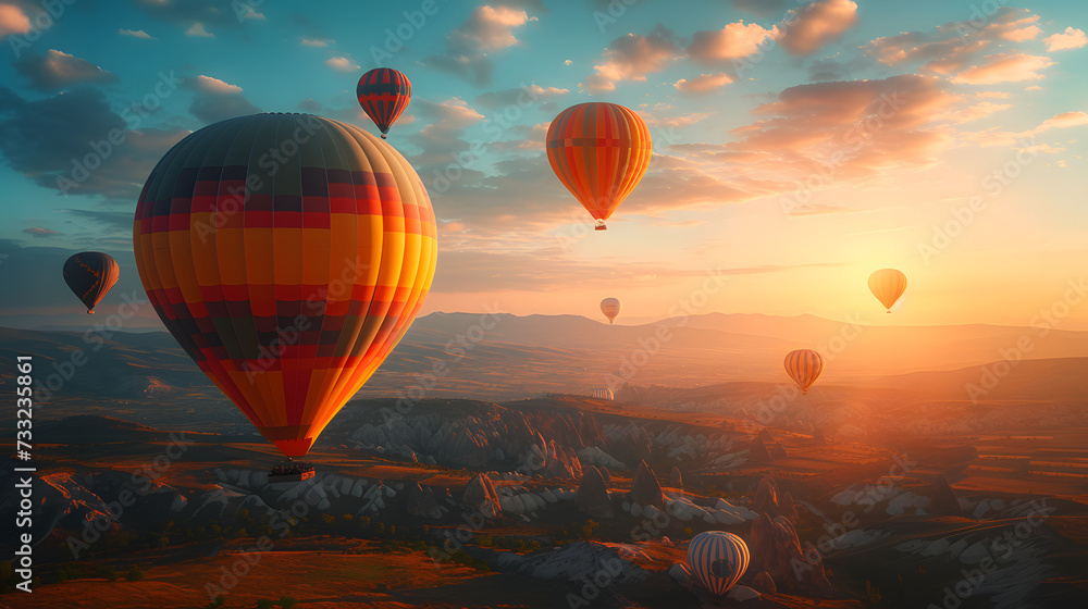 Fototapeta premium Hot air balloons flying in the sky during sunrise over beautiful landscape with hills and valleys.