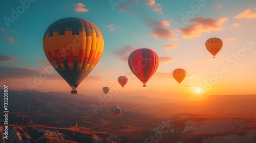 Hot air balloons flying in the sky during sunrise over beautiful landscape with hills and valleys.