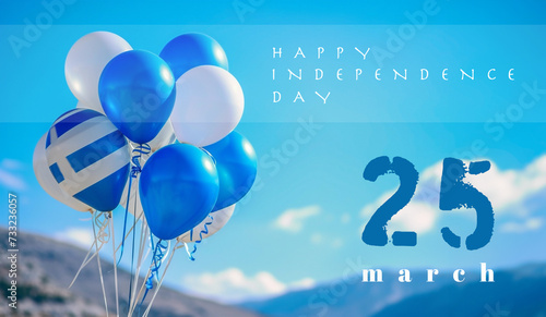 Greece independace day, balloons with national flag in blue sky photo