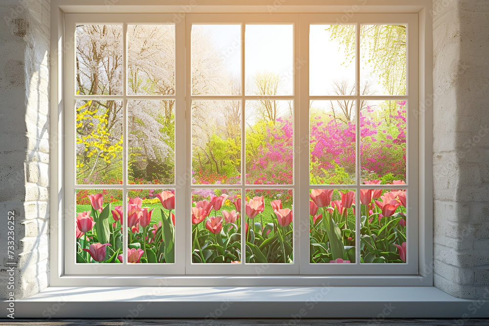 Obraz premium White tall window sill with spring garden on background