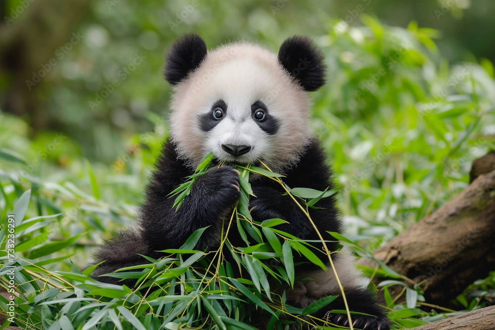 Baby panda eating bamboo in the forest, National panda day Baby panda eating bamboo in the forest, National panda day