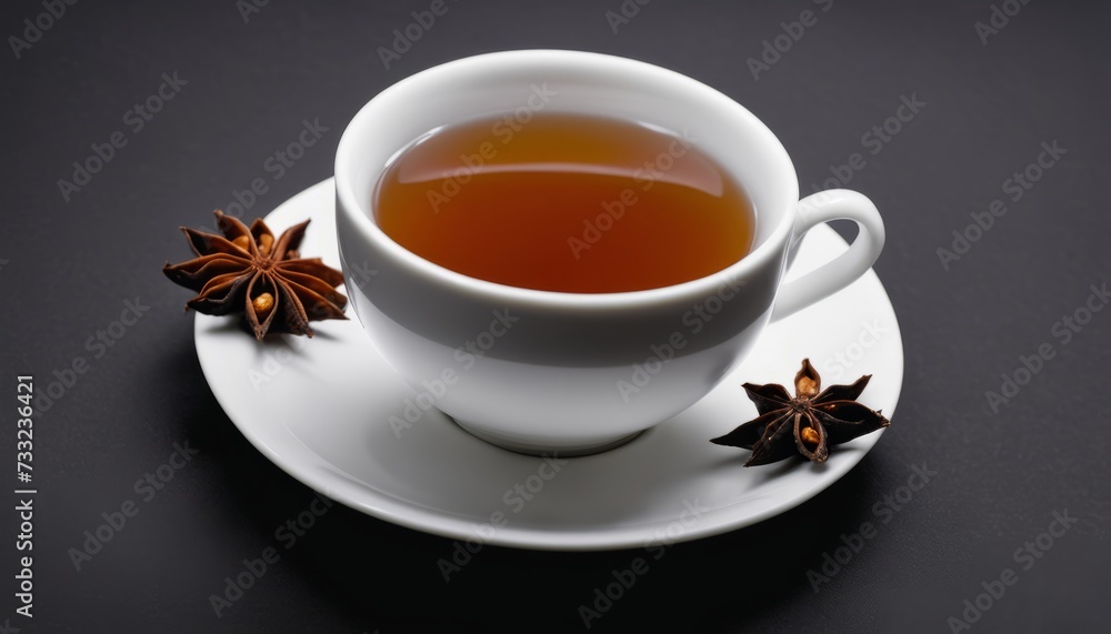 A cup of tea with a star anise on a white plate A cup of tea with a star anise on a white plate