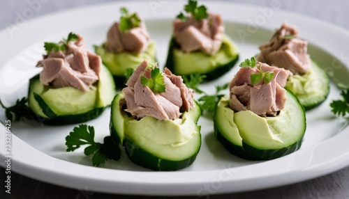A plate of cucumber cups filled with tuna salad