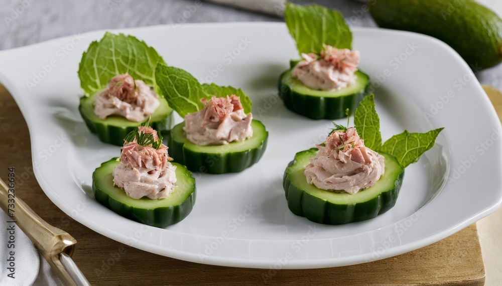 A white plate with cucumber cups and lime wedges A white plate with cucumber cups and lime wedges