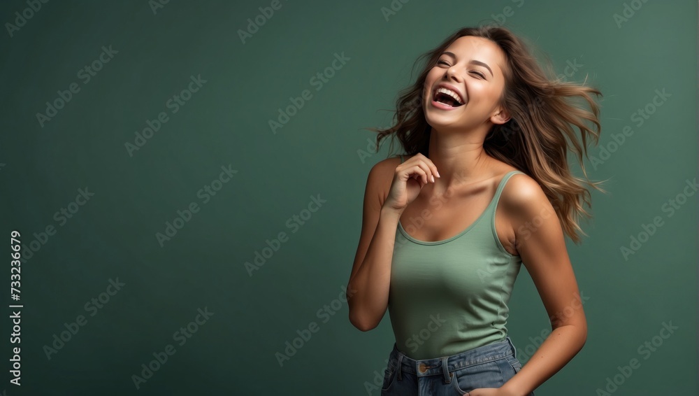 gorgeous woman laughs on minimal green HDR background, woman smile model fashion, hair model, makeup artist, beauty eyes, soft skin, healthy, womans day gorgeous woman laughs on minimal green HDR background, woman smile model fashion, hair model, makeup artist, beauty eyes, soft skin, healthy, womans day
