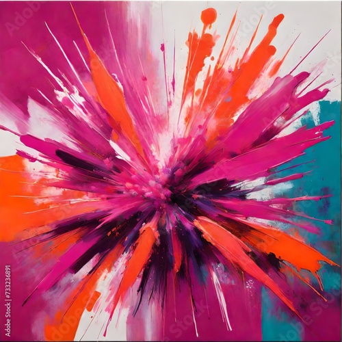 A burst of fuchsia and coral bursts forth from the canvas in an abstract color splash painting that radiates energy