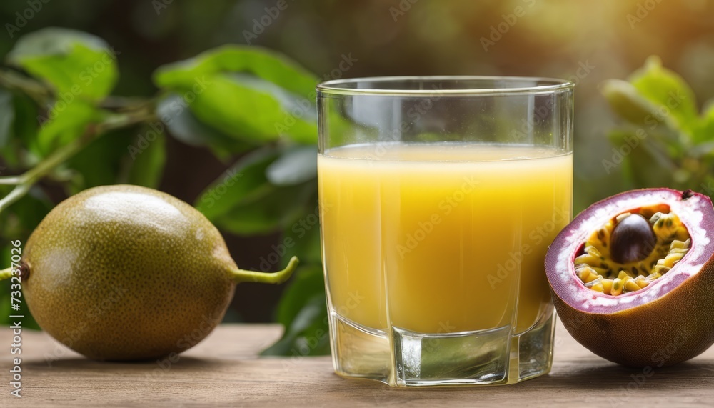 Fototapeta premium A glass of orange juice sits next to a kiwi and a pomegranate