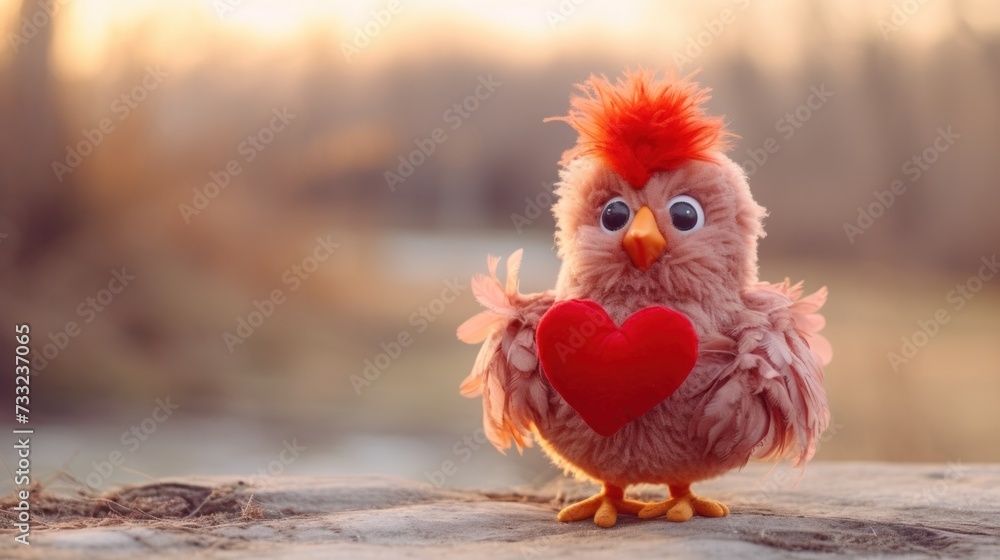 Cute rooster toy with red heart, Valentine's day.