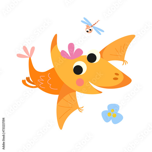 Cute cartoon pteranosaurus. Flat stylised isolated simple illustration for design on white background. Vector graphics.