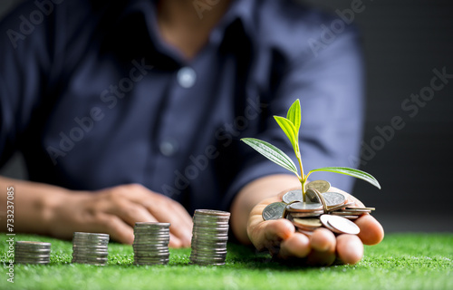 Financial business growth sustainable energy concept. Showing financial developments and business growth with growing tree on coin. Finance sustainable development. Investing in renewable energy.