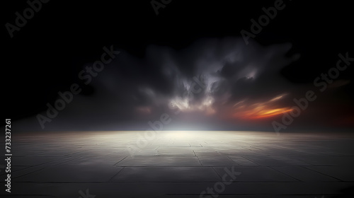 Dark concrete floor background infinite horizon sky panoramic scene