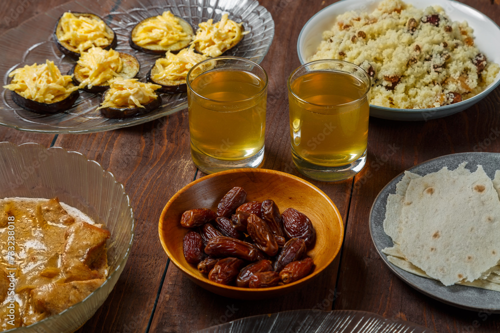 set table meat bread couscous uzvar for iftar ramadan meal set table meat bread couscous uzvar for iftar ramadan meal