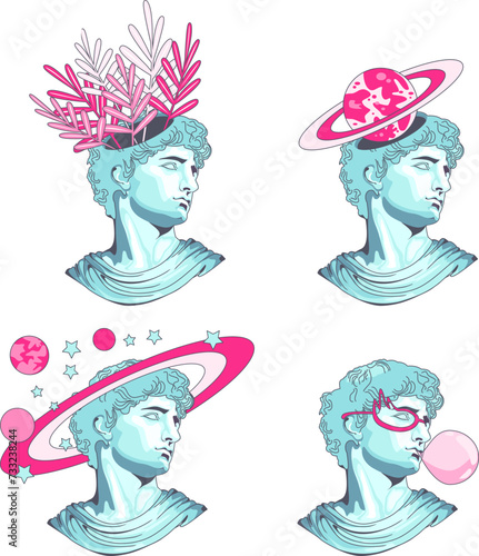 Apollo statues in blue color, set of heads with flowers, planets stars solar system, in retro glasses and inflating bubble, pop-up flat vector