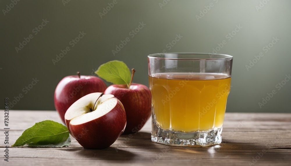 A glass of juice and three apples on a table A glass of juice and three apples on a table