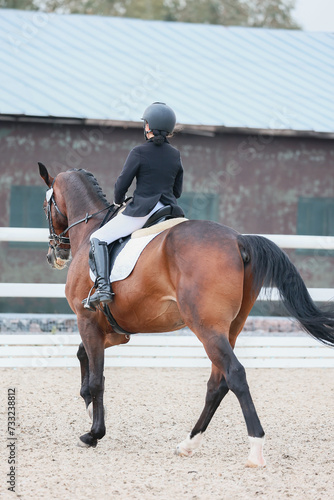 the riders position and seat. Equestrian sports, dressage. Shooting from the back