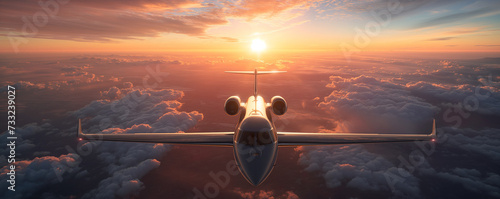 A luxury private jet flying over the earth. Empty blue sky with white clouds in the background. Business Travel Concept. Luxury Concept