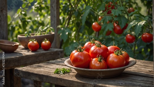 Ripe tomatoes in a bowl on a wooden table in the garden