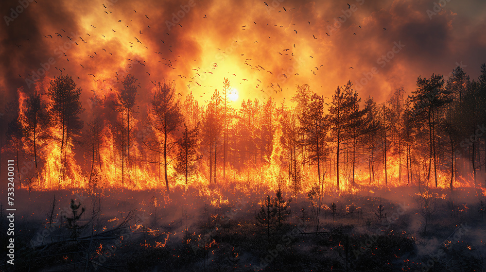 A dramatic scene of a forest engulfed in flames, with thick smoke darkening the sky and animals scrambling to safety