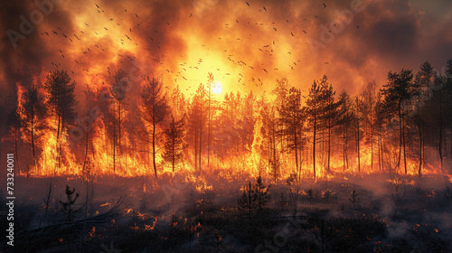 A dramatic scene of a forest engulfed in flames, with thick smoke darkening the sky and animals scrambling to safety photo