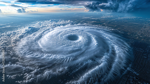 An aerial view of a massive hurricane approaching a coastal city.